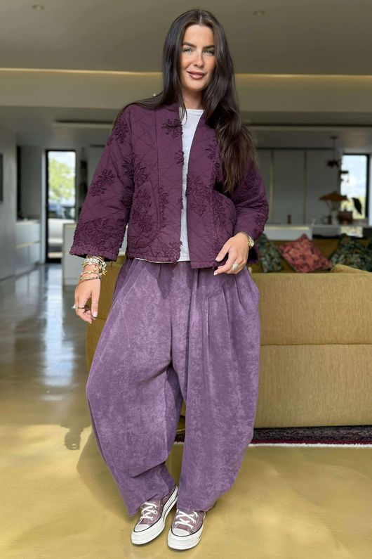 Cabbage Rose Cotton Quilted Jacket Aubergine